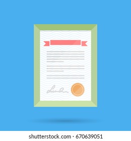 Certificate of completion or diploma in frame. Vector no gradient flat icon.