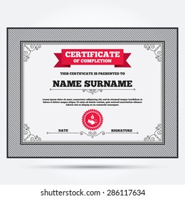 Certificate of completion. Dollar handshake sign icon. Successful business with money bag symbol. Template with vintage patterns. Vector