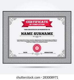 Certificate of completion. Golf ball sign icon. Sport symbol. Template with vintage patterns. Vector