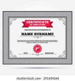 Certificate of completion. Gun sign icon. Firearms weapon symbol. Template with vintage patterns. Vector