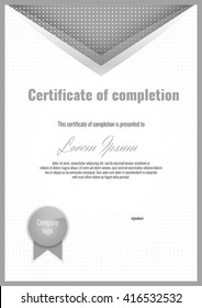 Certificate of completion with halftone background and border. Stock vector.