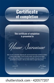Certificate of completion with halftone background and border. Stock vector.