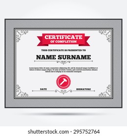 Certificate of completion. Hammer sign icon. Repair service symbol. Template with vintage patterns. Vector