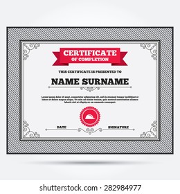 Certificate of completion. Hard hat sign icon. Construction helmet symbol. Template with vintage patterns. Vector