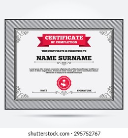 Certificate of completion. Home handshake sign icon. Successful business with house building symbol. Template with vintage patterns. Vector