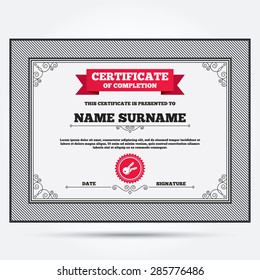 Certificate of completion. Keys sign icon. Unlock tool symbol. Template with vintage patterns. Vector