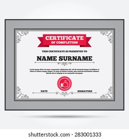 Certificate of completion. Like sign icon. Thumb up sign. Hand finger up symbol. Template with vintage patterns. Vector