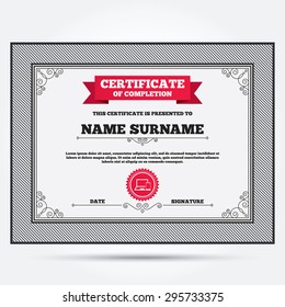Certificate of completion. Mobile devices sign icon. Notebook with smartphone symbol. Template with vintage patterns. Vector