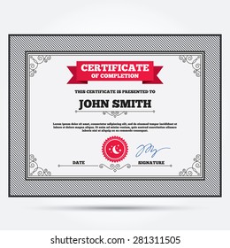 Certificate of completion. Moon and stars icon. Sleep dreams symbol. Night or bed time sign. Template with vintage patterns. Vector