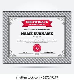Certificate of completion. Moon and stars icon. Sleep dreams symbol. Night or bed time sign. Template with vintage patterns. Vector