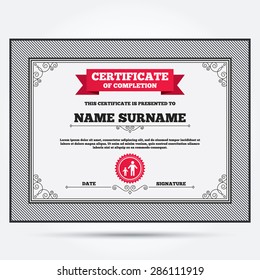 Certificate of completion. One-parent family with one child sign icon. Father with son symbol. Template with vintage patterns. Vector