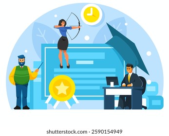 Certificate of completion of online courses. Woman shooting from a bow. Businessmen at work. Diploma and graduation hat. Education concept. Degree certificate. Vector graphics