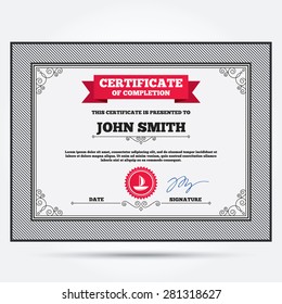 Certificate of completion. Sail boat icon. Ship sign. Shipment delivery symbol. Template with vintage patterns. Vector