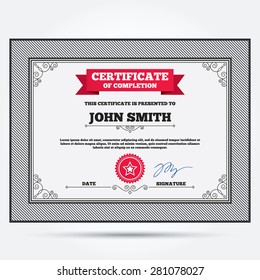 Certificate of completion. Star sign icon. Favorite button. Navigation symbol. Template with vintage patterns. Vector