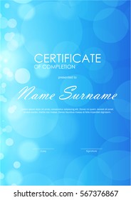 Certificate of completion template with blue blurred light background. Vector illustration