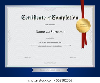 Certificate of completion template with blue border