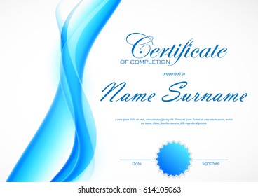 Certificate of completion template with blue dynamic light soft wavy smoky background and seal. Vector illustration