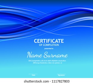 Certificate of completion template with blue futuristic wavy background. Vector illustration