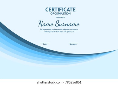 Certificate of completion template with blue futuristic light wavy background. Vector illustration