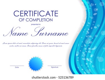 Certificate of completion template with blue light wavy background and seal. Vector illustration