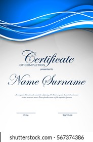 Certificate of completion template with blue wavy dynamic light background. Vector illustration