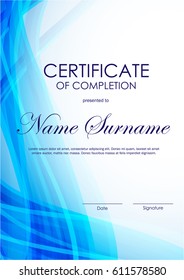 Certificate of completion template with blue wavy curved light background. Vector illustration