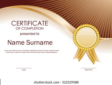 Certificate of completion template with brown wavy background and gold label. Vector illustration