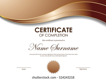 Certificate of completion template with brown wavy light background and seal. Vector illustration