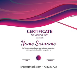 Certificate of completion template with burgundy wavy curved lines in dynamic smooth style. Vector illustration