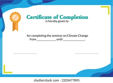 Certificate of Completion template for Climate Change. Editable Clip Art. 