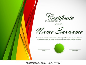 Certificate of completion template with colorful cut paper background and green seal. Vector illustration