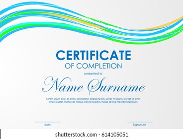 Certificate of completion template with colorful dynamic wavy light background. Vector illustration