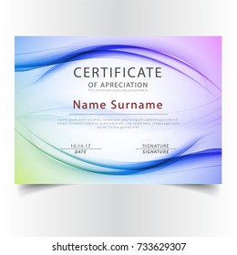 Certificate of completion template with colorful light wavy background and seal. Vector illustration