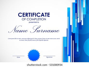 Certificate of completion template with digital blue light straight lines background and seal. Vector illustration