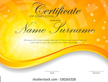 Certificate of completion template with digital orange light wavy swirl background. Vector illustration
