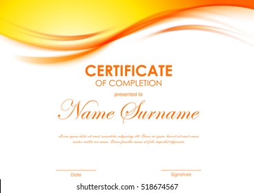 Certificate of completion template with dynamic orange soft wavy background. Vector illustration