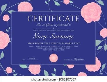 Certificate of completion template with flowers blue Roses and Green floral pattern frame (leaves). Design useful for diploma, invitation, gift voucher, coupon or different Eco friendly awards. Vector