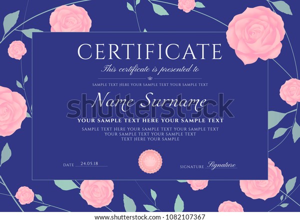 Certificate Completion Template Flowers Blue Roses Stock Vector