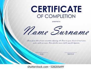 Certificate of completion template with gray slanting stripes pattern and blue light wavy background. Vector illustration