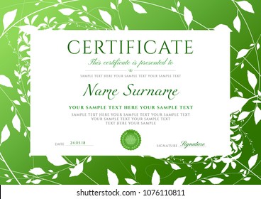 Certificate Of Completion Template With Green Floral Pattern Frame (leaves). Design Useful For Diploma, Invitation, Gift Voucher, Coupon Or Different Eco Friendly Awards. Vector