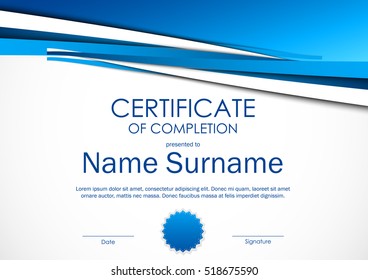 Certificate of completion template with light blue dynamic material background and seal. Vector illustration