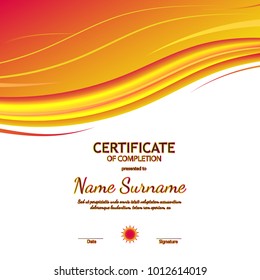Certificate of completion template with orange soft wavy light background. Vector illustration