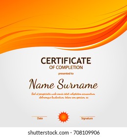 Certificate of completion template with orange soft wavy light background. Vector illustration