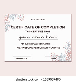Certificate of Completion Template with Pink Peach Flower Background