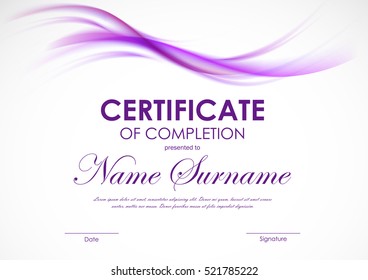 Certificate of completion template with purple transparent wavy smoky soft background. Vector illustration