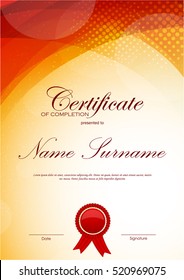 Certificate of completion template with red wavy light background and label. Vector illustration