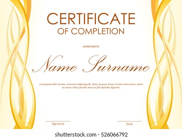 Certificate of completion template with yellow wavy curved light background. Vector illustration