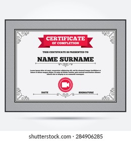 Certificate of completion. Video camera sign icon. Video content button. Template with vintage patterns. Vector