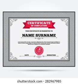 Certificate of completion. Wedding rings sign icon. Engagement symbol. Template with vintage patterns. Vector