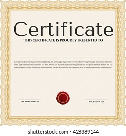 Certificate. Complex design. Detailed. Printer friendly. Orange color.